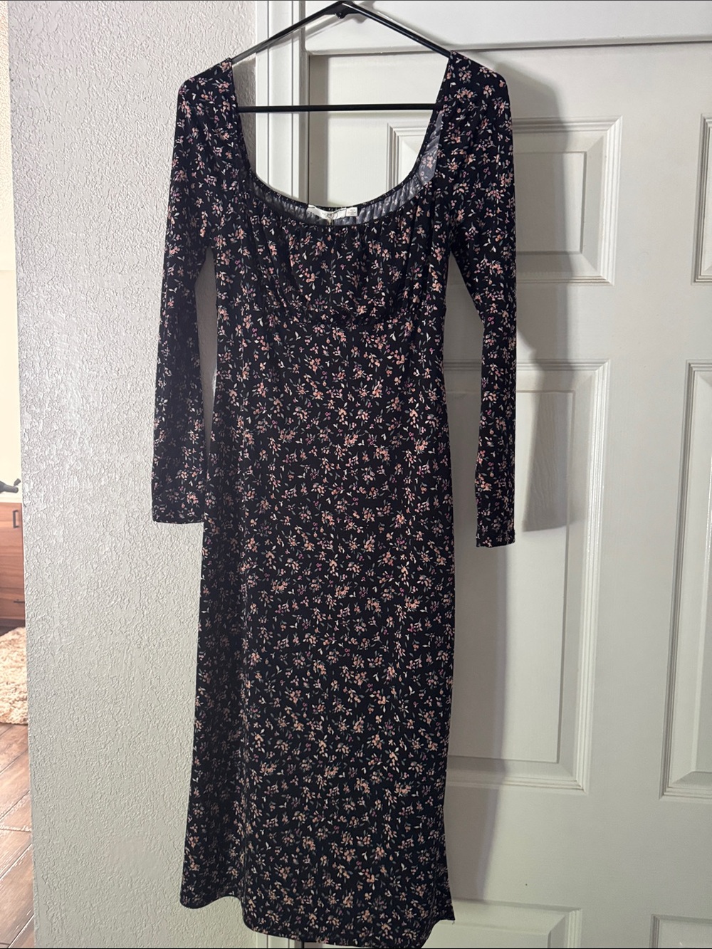 Lush Black Long Sleeve Floral Midi Dress with Pink Blossoms